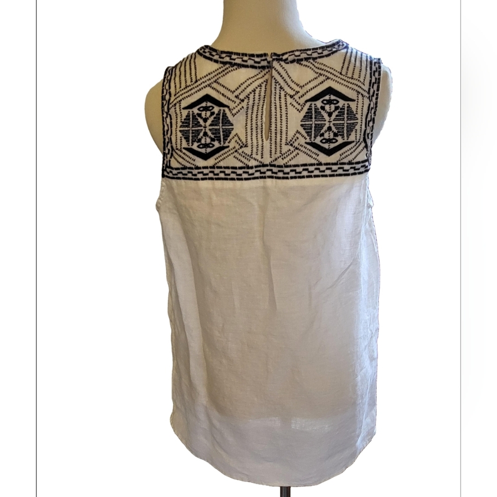 Embellished White and Black Tank Top with Intricate Design 100% Linen - Picture 2 of 10